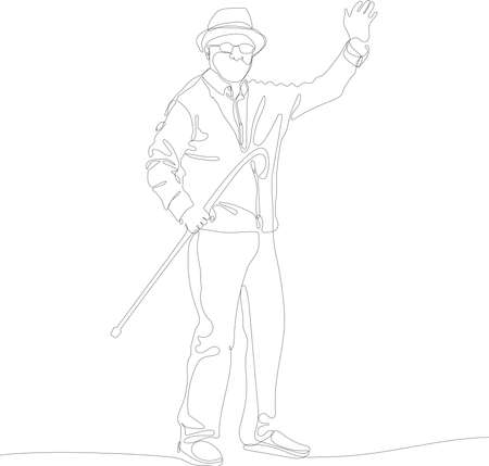 Continuous one line drawing of full length profile of a elderly man holding a cane and waving. Vector illustrationのイラスト素材