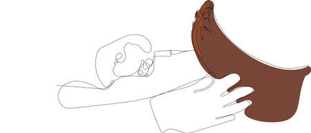 Continuous drawing of one line of doctor injects the patient in the foot area of the sole against hyperhidrosis excessive. Vector illustrationのイラスト素材