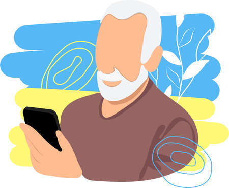 Continuous one line drawing of close up of smiling bearded senior using smart phone for writing or reading message. Vector illustrationのイラスト素材