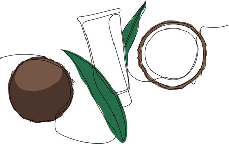 Continuous drawing of one line of bottles with oil or honey or lemon or lime juice for scrubbing and body skin care with natural herbal skin care products, top view of ingredients. Vector illustrationのイラスト素材