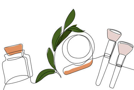 Continuous drawing of one line of bottles with oil or honey or lemon or lime juice for scrubbing and body skin care with natural herbal skin care products, top view of ingredients. Vector illustrationのイラスト素材