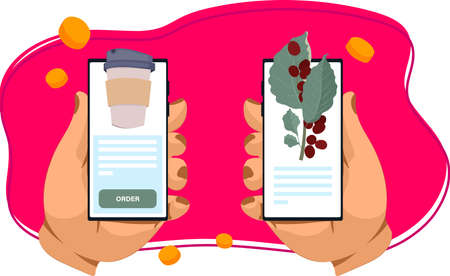 Coffee Food Recipe Mobile App Business Concept - coffee and serving a paper cup of hot coffee in cafe. Hand holding mobile with coffee app, vector illustrations. Vector illustrationのイラスト素材