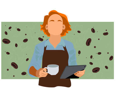 Coffee Business Concept-Female barista making coffee and serving a paper cup of hot coffee in cafe. Hand drawn in thin line style, vector illustrations. Vector illustrationのイラスト素材