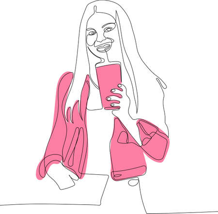 Continuous one line drawing of female in jacket keeping one hand in pocket and drinking lemonade. Attractive girl looking at camera, smiling and posing. Minimal outline concept. Vector illustrationのイラスト素材