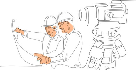 Close up of young Caucasian worker with helmet on head using tablet for work while standing in warehouse. Surveyor with a tripod icon. Geodesic tripod. Vector illustrationのイラスト素材