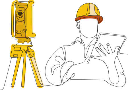 Close up of young Caucasian worker with helmet on head using tablet for work while standing in warehouse. Surveyor with a tripod icon. Geodesic tripod. Vector illustrationのイラスト素材