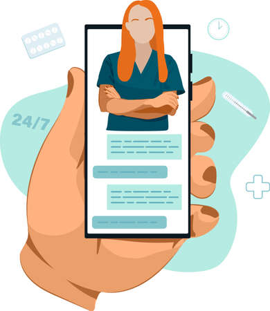 The doctor is on the phone Call a doctor Online doctor s consultation. Laboratory analyzes online View videos or video chat with the doctor Vector illustrationのイラスト素材