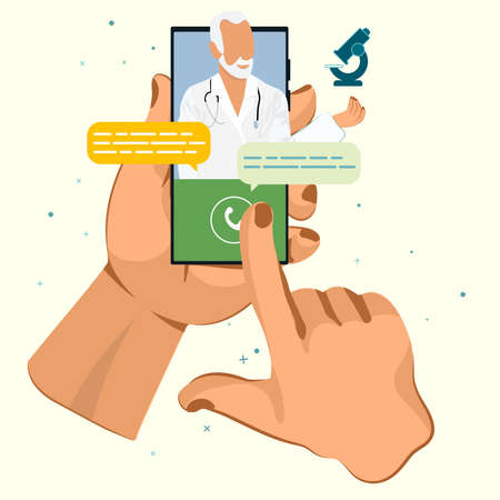 The doctor is on the phone Call a doctor Online doctor s consultation. Laboratory analyzes online View videos or video chat with the doctor Vector illustrationのイラスト素材