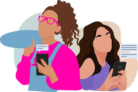 Online chat messages text notification on mobile phone. Hand holds smartphone sms speech bubbles push alerts on screen, digital or electronic chatting on cellphone. Vector illustration in flat styleのイラスト素材