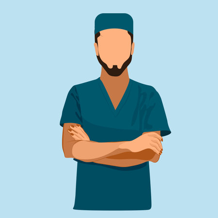 Medical personnel team, character of doctors and nurses wearing a surgical face mask and standing together to fight ills, male and female medical characters set cartoon flat vector illustration.のイラスト素材