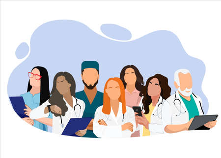 Medical personnel team, character of doctors and nurses wearing a surgical face mask and standing together to fight ills, male and female medical characters set cartoon flat vector illustration.のイラスト素材