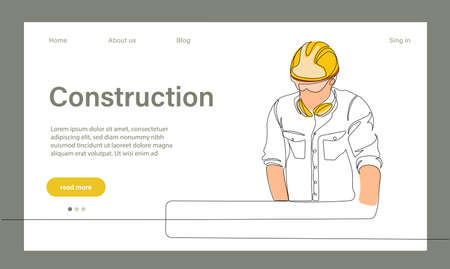 Vector landing page of architecture works with protective face masks for safety in machine industrial factory. Continuous one line drawing for your minimal designのイラスト素材