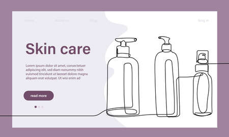 Skin care concept. Landing page template. Morning routine. Bath time. Organic products for scrubbing and body skin care with natural herbal skin care products, top view. Vector illustrationのイラスト素材