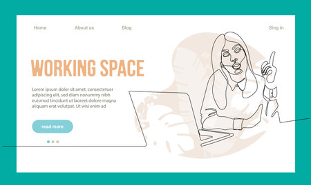 Coworking Space Landing Page Flat Cartoon Template. Freelancers Team Working Online on Laptop. Business People Sharing Open Workspace. Outline Vector Illustrationのイラスト素材