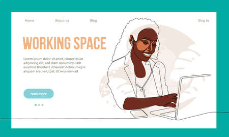 Coworking Space Landing Page Flat Cartoon Template. Freelancers Team Working Online on Laptop. Business People Sharing Open Workspace. Outline Vector Illustrationのイラスト素材