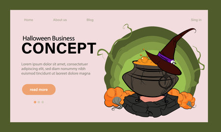 Happy Halloween Party Website Design. Landing Page Template with Symbols of Halloween Celebration. Flat Cartoon Vector Invitation Illustration for Website Page. Vector illustrationのイラスト素材