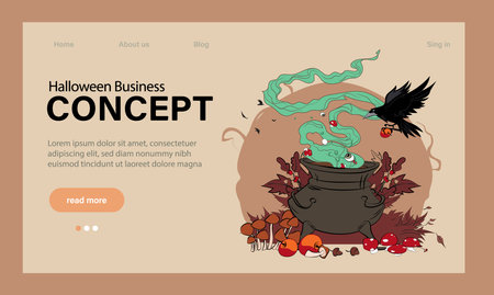 Happy Halloween Party Website Design. Landing Page Template with Symbols of Halloween Celebration. Flat Cartoon Vector Invitation Illustration for Website Page. Vector illustrationのイラスト素材