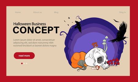 Happy Halloween Party Website Design. Landing Page Template with Symbols of Halloween Celebration. Flat Cartoon Vector Invitation Illustration for Website Page. Vector illustrationのイラスト素材
