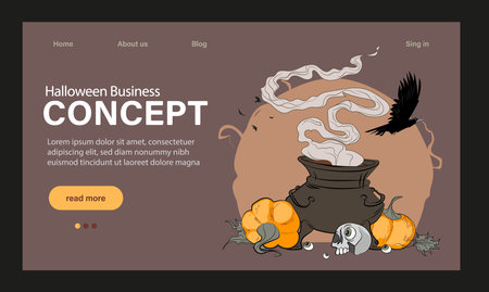 Happy Halloween Party Website Design. Landing Page Template with Symbols of Halloween Celebration. Flat Cartoon Vector Invitation Illustration for Website Page. Vector illustrationのイラスト素材