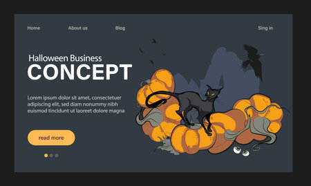 Happy Halloween Party Website Design. Landing Page Template with Symbols of Halloween Celebration. Flat Cartoon Vector Invitation Illustration for Website Page. Vector illustrationのイラスト素材