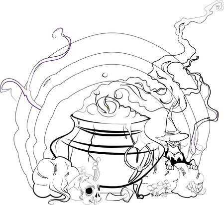 Trick or Treat coloring page. Halloween coloring page for kids. Cartoon children in Halloween costumes. Vector illustrationのイラスト素材