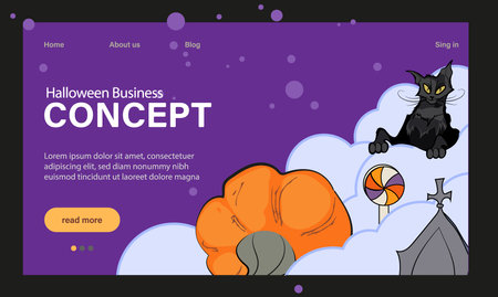 Happy Halloween Party Website Design. Landing Page Template with Symbols of Halloween Celebration. Flat Cartoon Vector Invitation Illustration for Website Page. Vector illustrationのイラスト素材