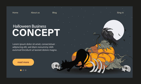 Happy Halloween Party Website Design. Landing Page Template with Symbols of Halloween Celebration. Flat Cartoon Vector Invitation Illustration for Website Page. Vector illustrationのイラスト素材