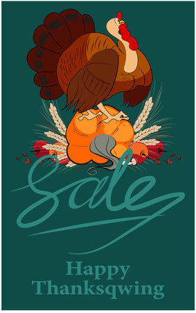 Happy Thanksgiving holiday vector design template for websites, posters, banners. Happy Thanksgiving with traditional food, turkey, pies, pumpkins and fruits. Vector website templateのイラスト素材