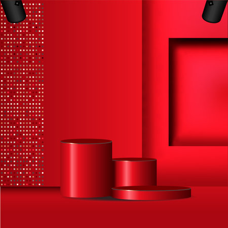 Abstract cream 3D room with set of realistic cylinders pedestal podium. Geometric forms element. Minimal scene for product display presentation. Round stage for showcaseのイラスト素材