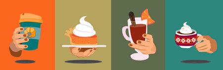 Autumn hot drinks collection. Hot chocolate, pumpkin spice coffee, cocoa with whipped cream and marshmallows, tea. Autumn holidays banner design. Vector illustrationのイラスト素材