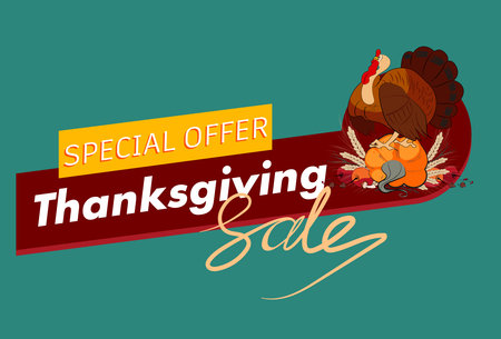 Happy Thanksgiving holiday vector design template for websites, posters, banners. Happy Thanksgiving with traditional food, turkey, pies, pumpkins and fruits. Vector website templateのイラスト素材