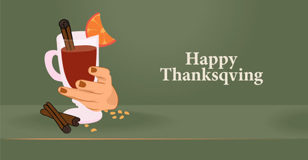 Happy Thanksgiving holiday vector design template for websites, posters, banners. Happy Thanksgiving with traditional food, turkey, pies, pumpkins and fruits. Vector website templateのイラスト素材