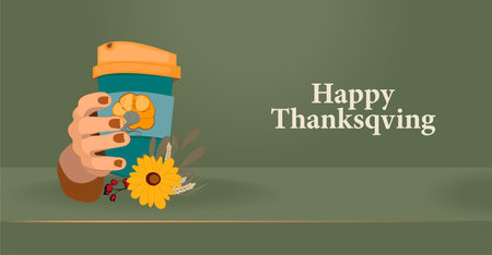 Happy Thanksgiving holiday vector design template for websites, posters, banners. Happy Thanksgiving with traditional food, turkey, pies, pumpkins and fruits. Vector website templateのイラスト素材