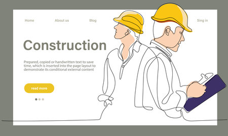 Vector landing page of architecture works with protective face masks for safety in machine industrial factory. Continuous one line drawing for your minimal designのイラスト素材