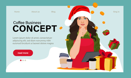 Celebrate New Year at Huge 2023. Barista web banner or landing page. Bartender making a cup of hot coffee. Coffeehouse worker making energetic tasty beverage with milk. Flat vector illustrationのイラスト素材