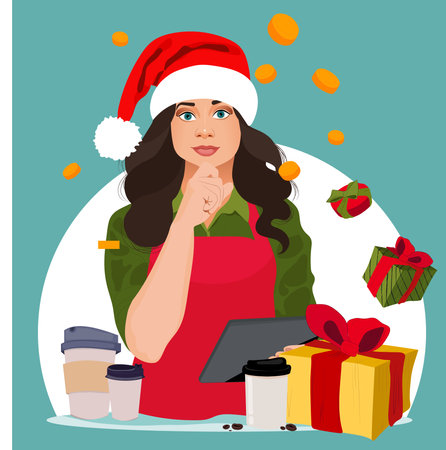 Celebrate New Year at Huge 2023. Barista web banner or landing page. Bartender making a cup of hot coffee. Coffeehouse worker making energetic tasty beverage with milk. Flat vector illustrationのイラスト素材