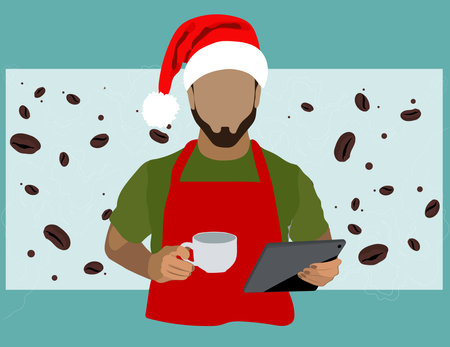 Celebrate New Year 2023. Barista web banner or landing page. Bartender making a cup of hot coffee. Coffeehouse worker making energetic tasty beverage with milk. Flat vector illustrationのイラスト素材