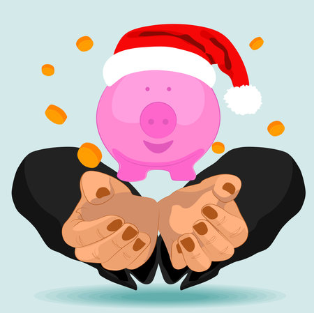 New Year is coming. Flat drawing of male hand putting coin into a piggy-bank to manage finances save money spend earnings with economy plan family budget. Vector illustrationのイラスト素材