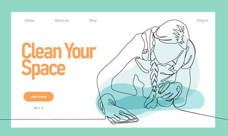 Home cleaning service landing page design concept, illustration of janitors with cleaning tools. Vector illustrationのイラスト素材