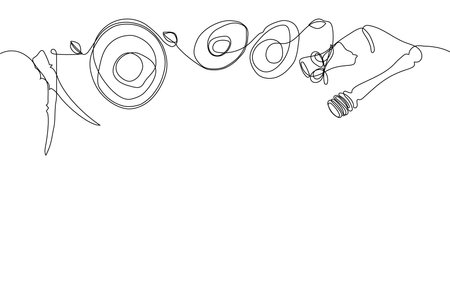 Continuous drawing of one line of bottles with oil or honey or lemon or lime juice for scrubbing and body skin care with natural herbal skin care products, top view of ingredients. Vector illustrationのイラスト素材