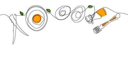 Continuous drawing of one line of bottles with oil or honey or lemon or lime juice for scrubbing and body skin care with natural herbal skin care products, top view of ingredients. Vector illustrationのイラスト素材