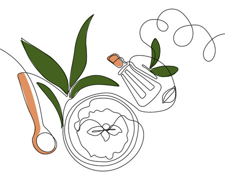 Continuous drawing of one line of bottles with oil or honey or lemon or lime juice for scrubbing and body skin care with natural herbal skin care products, top view of ingredients. Vector illustrationのイラスト素材