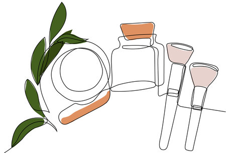 Continuous drawing of one line of bottles with oil or honey or lemon or lime juice for scrubbing and body skin care with natural herbal skin care products, top view of ingredients. Vector illustrationのイラスト素材