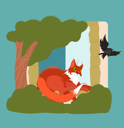 illustration vector vector image a big red cat in stripes is lying sleeping resting. Vector illustrationのイラスト素材