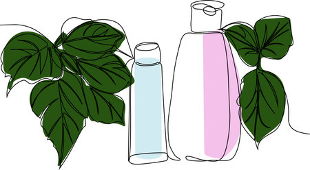 Skin care concept. Landing page template. Morning routine. Bath time. Organic products for scrubbing and body skin care with natural herbal skin care products, top view. Vector illustrationのイラスト素材