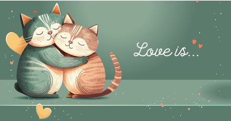 Vector illustration of cute cats in love cartoon style. Pets in love hugging each other. Red heart. Valentine Day card, love card, greeting card with inscription You are purr-fect for meのイラスト素材