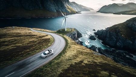 Panoramic view of wind farm or wind park, with high wind turbines for generation electricity with...
