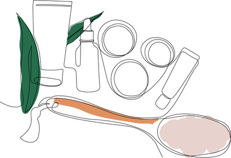 Skin care concept. Landing page template. Morning routine. Bath time. Organic products for scrubbing and body skin care with natural herbal skin care products, top view. Vector illustrationのイラスト素材