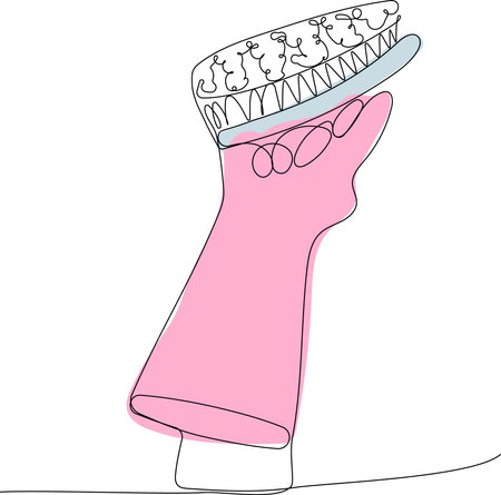 Continuous one line drawing of hand doing chores with disinfectant spray and microfiber cloth at home concept of disinfection. Easy to place your text and brand logo. Vector illustrationのイラスト素材