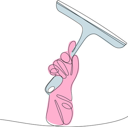 Continuous one line drawing of hand doing chores with disinfectant spray and microfiber cloth at home concept of disinfection. Easy to place your text and brand logo. Vector illustrationのイラスト素材